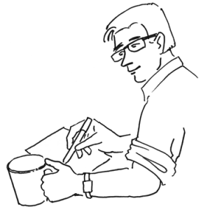 A line drawing of a teacher holding a pen and a cup of coffee while commenting on a student's essay