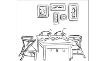 Line art illustration of objects on a table and frames on a wall.