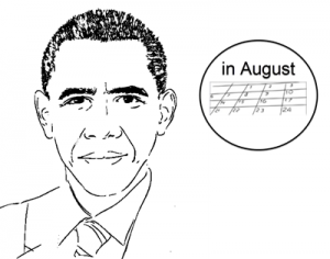 Line art illustration of Barack Obama and the words "in August" next to his head