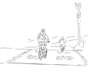 Line art illustration of people riding on a bike path