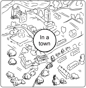 Line art illustration of a village or town represented within a round square
