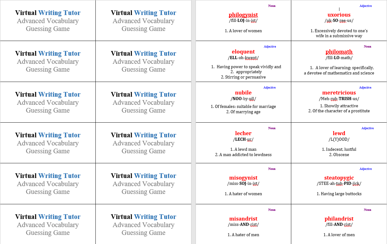 Advanced vocabulary card game