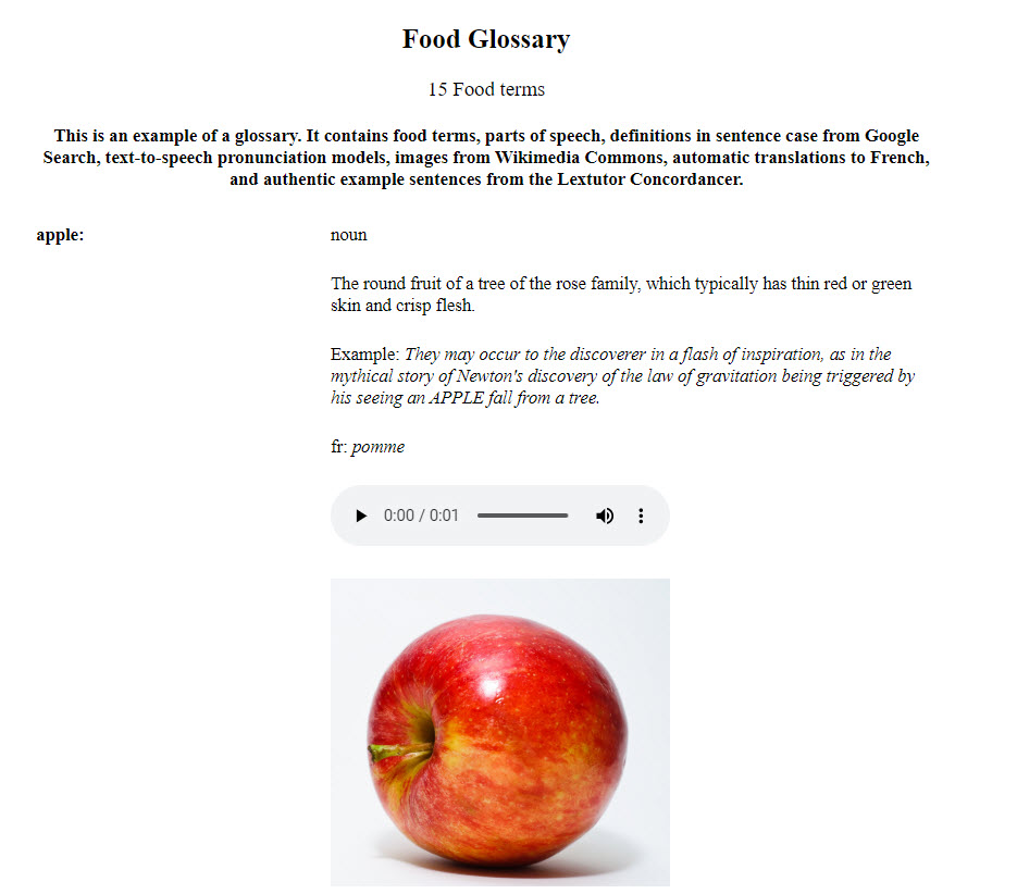 Screenshot of a glossary made with the Virtual Writing Tutor