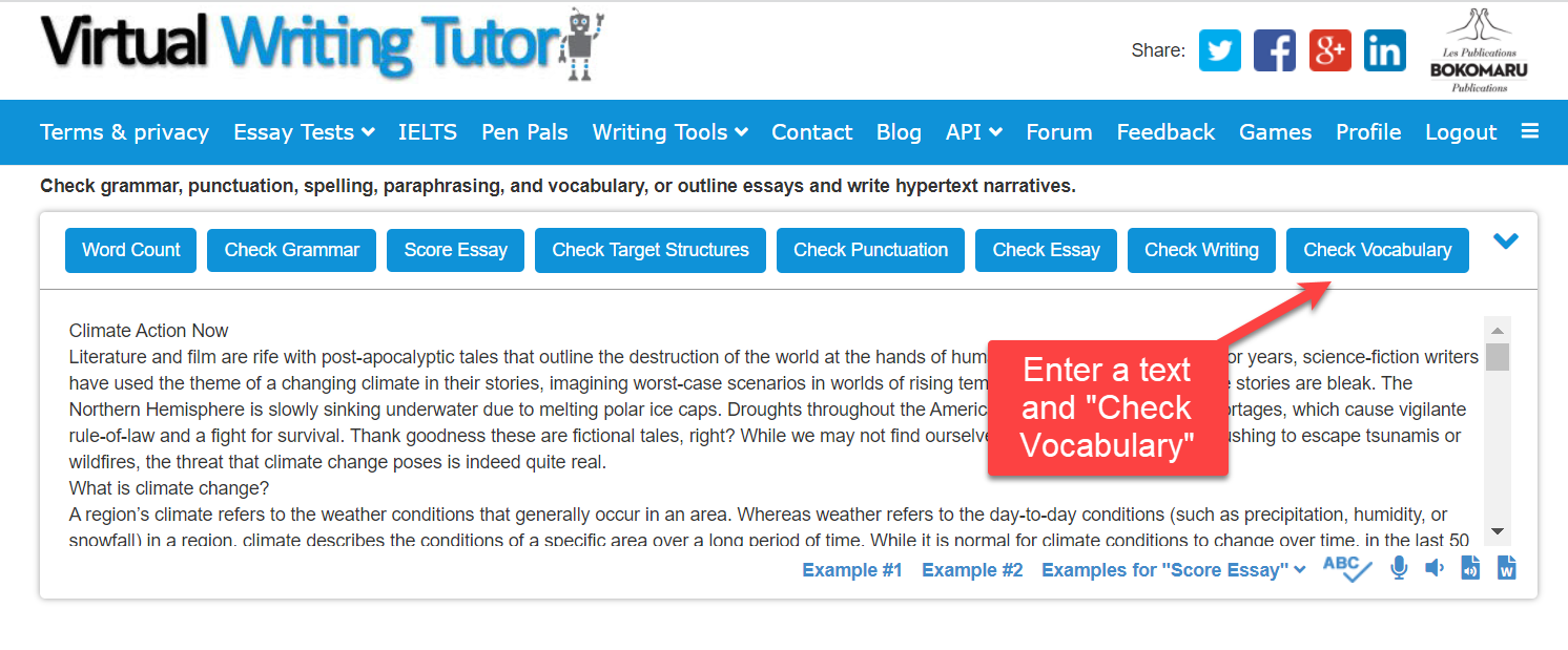 Check vocabulary on the Virtual Writing Tutor
