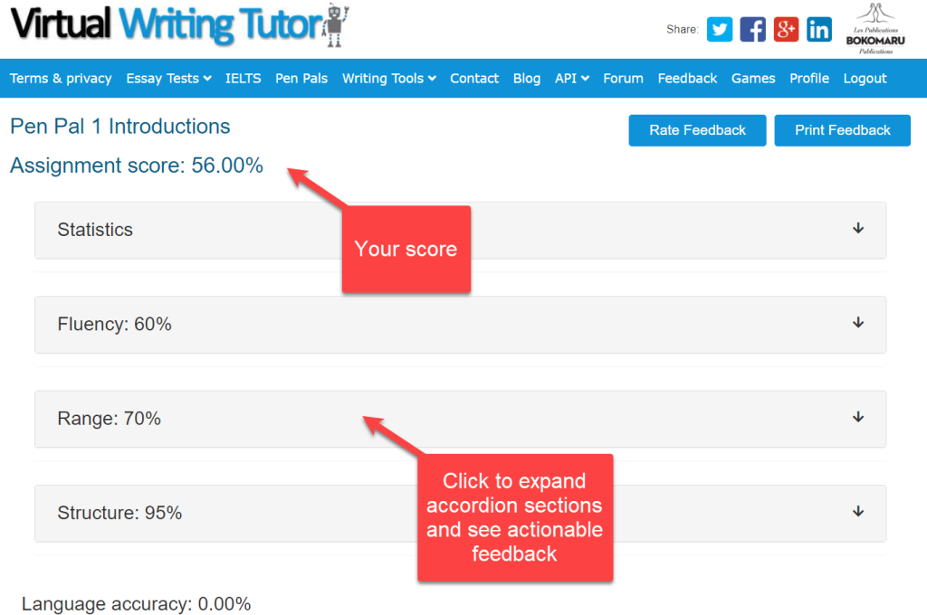 Email evaluation feedback and score